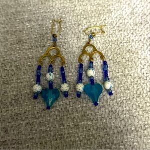 Gold Tone Chandelier with Blue and White Beads and Hearts Earrings